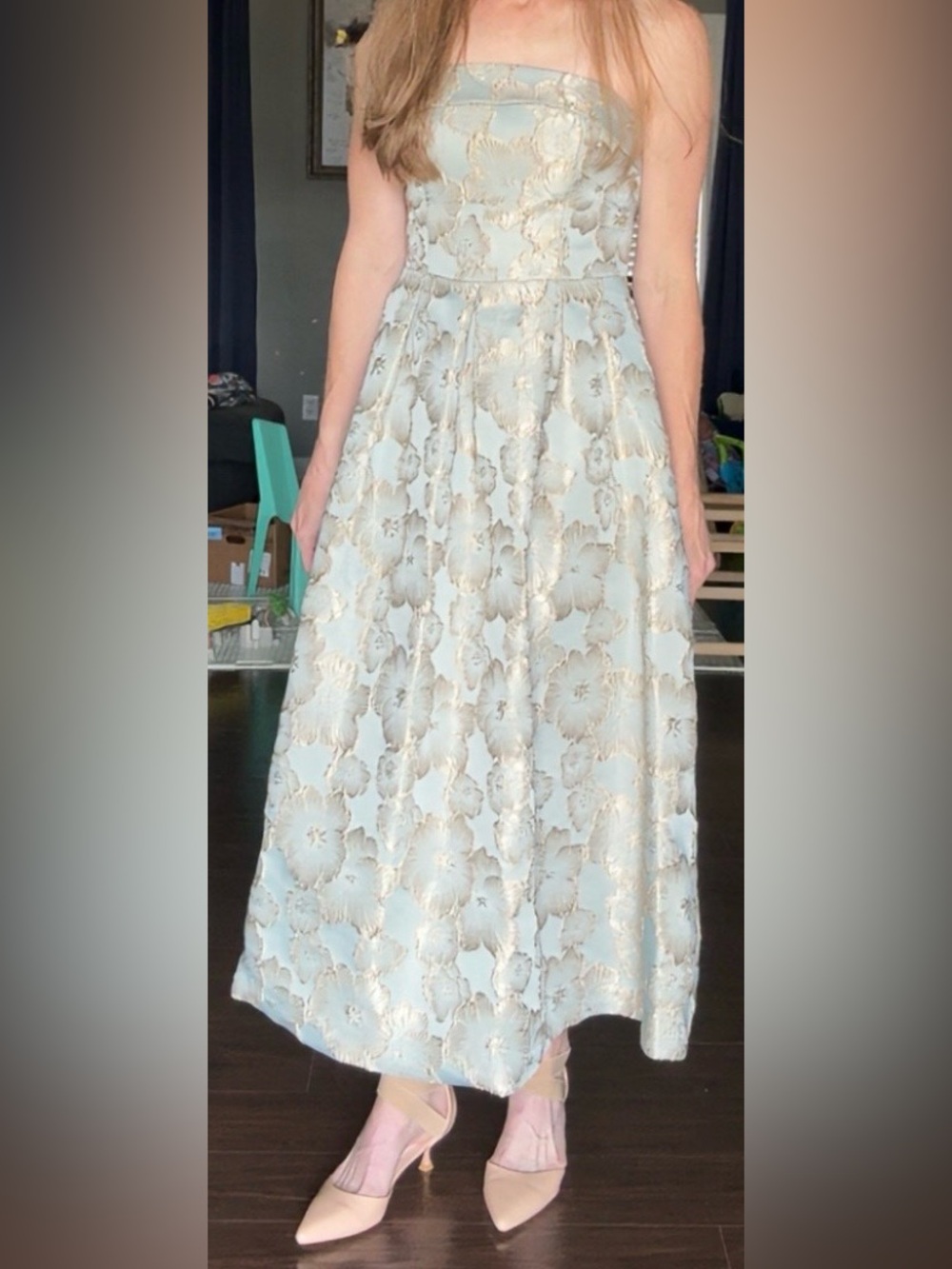 Light Blue Gold Floral Jacquard Strapless Gown